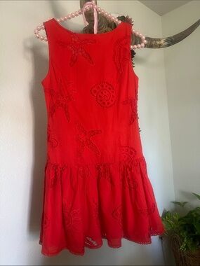 NWT ✧💎 Caroline Constas 💎✧  Red Eyelet Starfish Seashell Shell Drop Waist 2